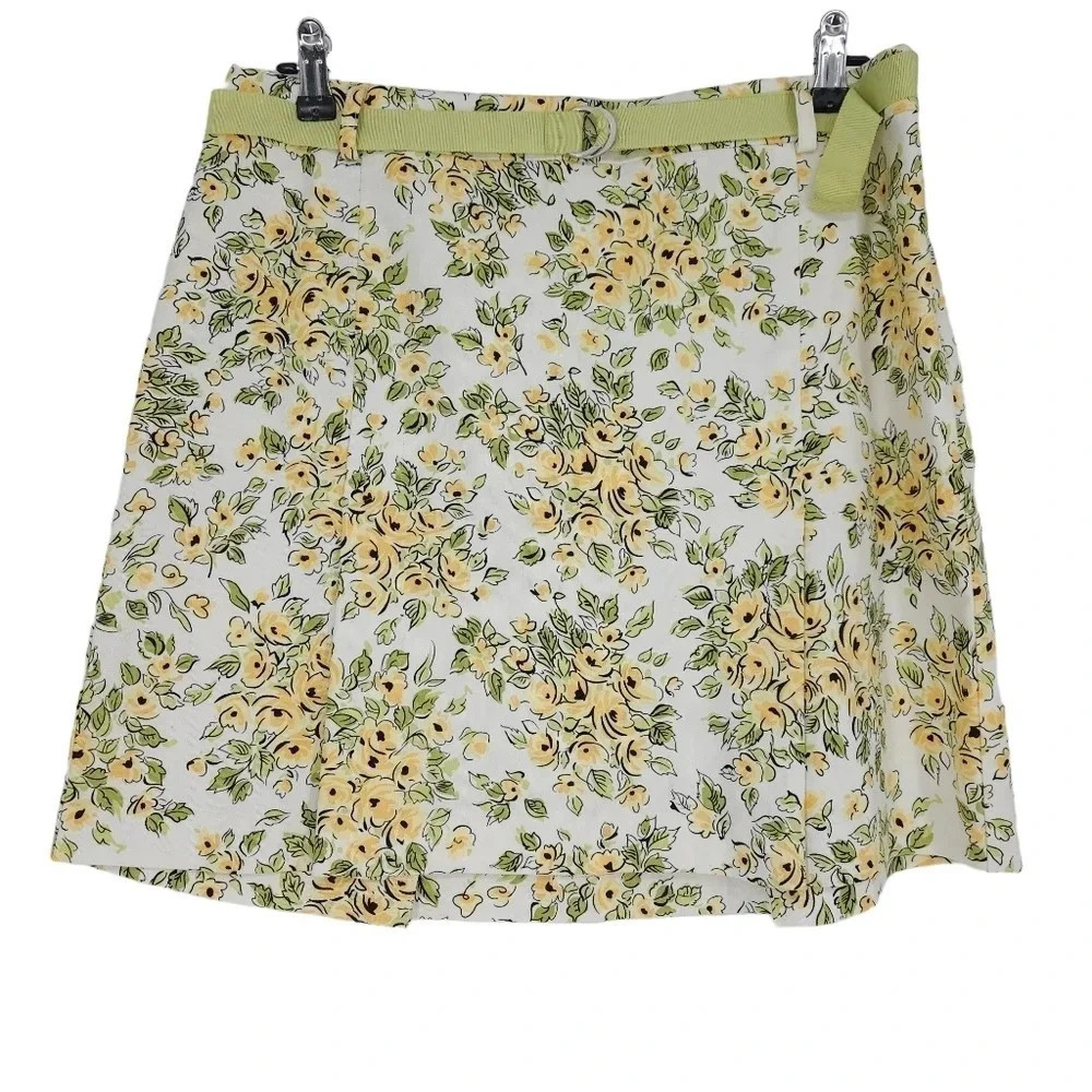 Ann Taylor LOFT Pleated Flare Skirt White Spring Floral Belted Petite